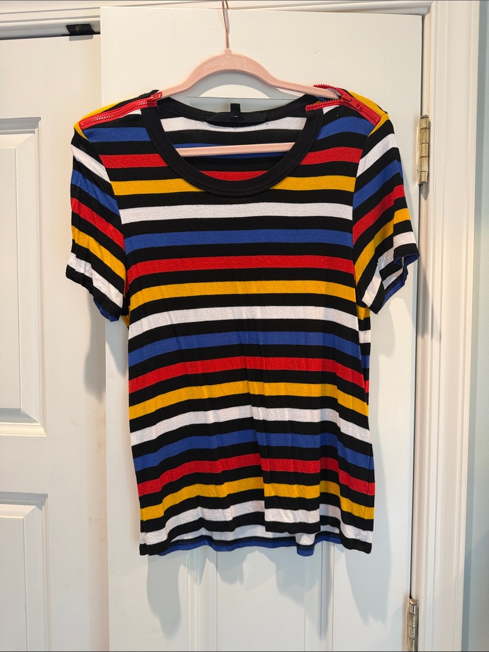 Veronica Beard Striped Short Sleeve Tee in Black, White, Red, Blue & Yellow